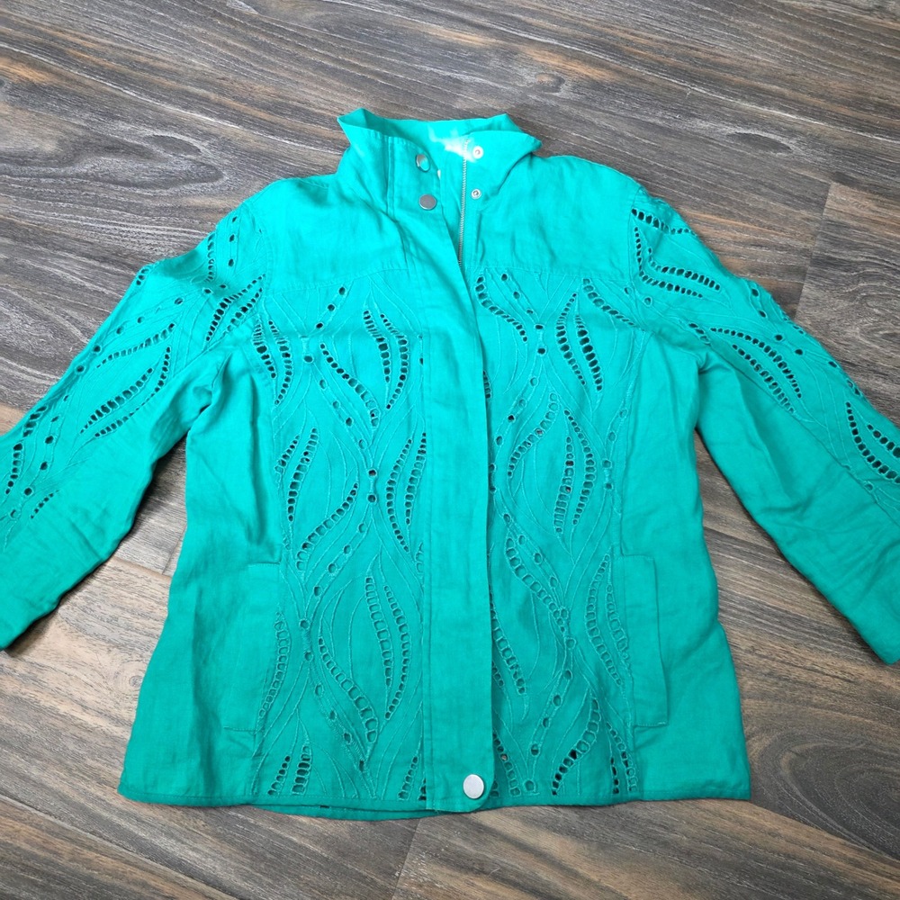 Chicos Teal Eyelet Jacket Blazer Womens Size 0 (S/4) Mandarin Collar